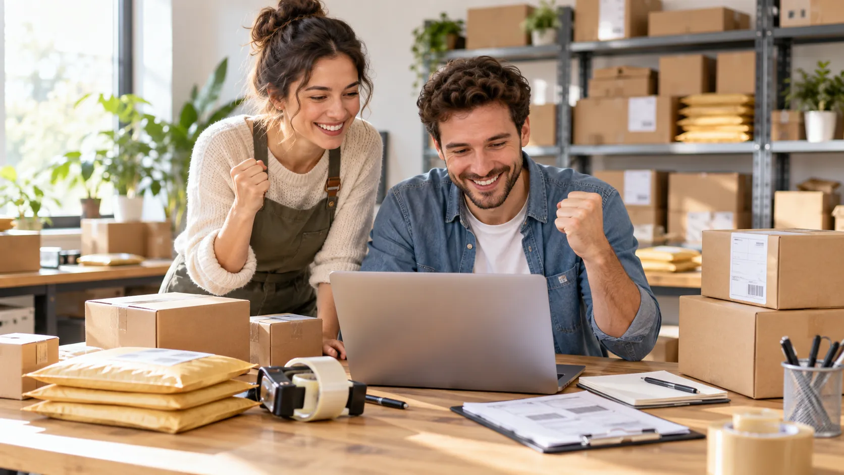 Two entrepreneurs cheering at a laptop, surrounded by parcels ready to ship