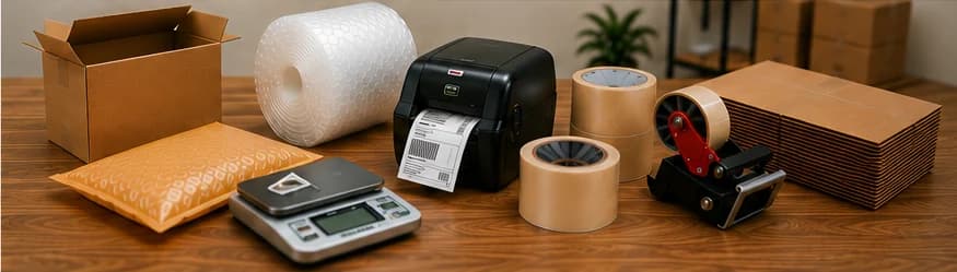 Matériel d’expédition : boîtes, enveloppes à bulles, papier bulle, imprimante d’étiquettes, balance et rubans adhésifs.