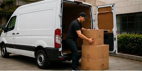 Livreur chargeant des colis à l’arrière d’une camionnette blanche.