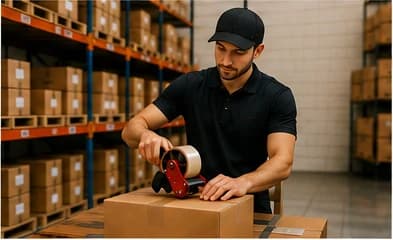 Employé d’entrepôt scellant un colis au ruban adhésif devant des rayonnages.
